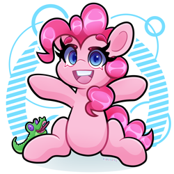 Size: 4000x4000 | Tagged: safe, artist:partypievt, gummy, pinkie pie, earth pony, pony, g4, absurd resolution, arms in the air, belly, eyebrows, looking at you, simple background, sitting, smiling, smiling at you, solo, tongue out