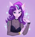 Size: 2027x2160 | Tagged: safe, artist:tomi_ouo, starlight glimmer, unicorn, anthro, alternative cutie mark placement, beret, big ears, breasts, cleavage, female, hat, horn, looking at you, purple background, shoulder cutie mark, simple background, solo