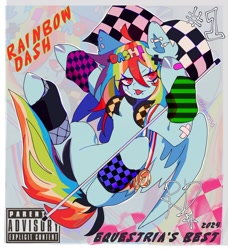 Size: 1096x1200 | Tagged: safe, artist:emoboy130, rainbow dash, pegasus, pony, g4, ahoge, alternate tail color, anatomically incorrect, bandaid, blue coat, checkered flag, clothes, colored pinnae, colored wings, ear fluff, ear piercing, earring, eye clipping through hair, female, fishnet clothing, flag, hair accessory, hairclip, headphones, holding flag, in air, incorrect leg anatomy, industrial piercing, jewelry, leg warmers, lip piercing, long mane, long tail, mane accessory, medals, multicolored hair, multicolored mane, multicolored tail, narrowed eyes, parental advisory, partially open wings, piercing, pink eyes, rainbow hair, rainbow tail, raised hooves, red text, shiny hooves, shiny mane, shiny tail, shrunken pupils, signature, snake bites, solo, tail, text, tongue out, tongue piercing, two toned wings, wall of tags, wings, zoom layer