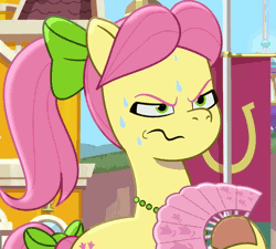 Size: 1200x1080 | Tagged: safe, screencap, posey bloom, earth pony, pony, g5, hot day huh?, my little pony: tell your tale, spoiler:g5, spoiler:my little pony: tell your tale, spoiler:tyts01e57, animated, cropped, fan, female, frown, gif, jewelry, mare, necklace, paper fan, solo, sweat, sweatdrop