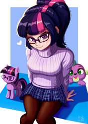 Size: 706x1000 | Tagged: safe, artist:the-park, sci-twi, spike, spike the regular dog, twilight sparkle, dog, human, pony, equestria girls, g4, clothes, duo, duo male and female, female, heart, human coloration, male, pantyhose, plushie, pony plushie, sitting, sweater