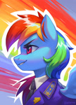 Size: 1684x2345 | Tagged: safe, artist:mrscroup, rainbow dash, pegasus, pony, equestria at war mod, g4, abstract background, bust, clothes, female, necktie, profile, side view, smiling, smirk, solo, uniform, wonderbolts dress uniform, wonderbolts uniform