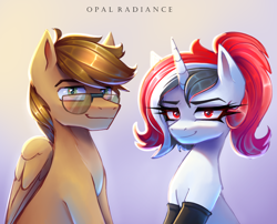 Size: 3000x2420 | Tagged: safe, artist:opal_radiance, oc, oc only, oc:petrichor, oc:red rocket, pegasus, pony, unicorn, clothes, duo, duo male and female, eyebrows, female, folded wings, glasses, gloves, gradient background, high res, horn, latex, latex gloves, looking at you, male, mare, pegasus oc, signature, smiling, smiling at you, stallion, unicorn oc, wings