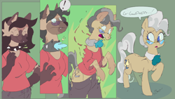 Size: 1280x720 | Tagged: safe, artist:rhythmicbeast, mayor mare, oc, earth pony, hyena, pony, anthro, age progression, breasts, clothes, collar, comic, female, furry, furry oc, furry to pony, glasses, mare, older, spiked collar, transformation, transformation sequence, transforming clothes