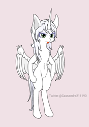 Size: 1400x2000 | Tagged: safe, artist:cassandra211190, oc, oc only, oc:κασσάνδρα, alicorn, pony, alicorn oc, bipedal, horn, purple background, simple background, solo, tongue out, wings