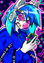 Size: 564x797 | Tagged: safe, artist:d0bledee, dj pon-3, vinyl scratch, human, equestria girls, g4, bandaid, blue background, bubblegum, cat ears, cellphone, clothes, eyebrows, eyebrows visible through hair, female, food, gum, hairclip, headphones, heart, hoodie, horn, looking at you, music notes, phone, rainbow, simple background, smiley face, solo, sticker, vinyl's glasses