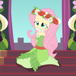 Size: 2000x2000 | Tagged: safe, artist:nie-martw-sie-o-mnie, part of a set, fluttershy, human, equestria girls, g4, magical mystery cure, arm behind back, bare shoulders, bondage, bound and gagged, cloth gag, clothes, coronation dress, dress, female, femsub, floral head wreath, flower, fluttersub, gag, kneeling, solo, stairs, submissive
