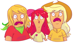 Size: 1280x757 | Tagged: safe, artist:stevetwisp, apple bloom, applejack, big macintosh, human, g4, apple siblings, apple sisters, bob's burgers, brother and sister, clothes, colored, crossover, freckles, gene belcher, looking at you, louise belcher, open mouth, shirt, siblings, simple background, sisters, tina belcher, white background