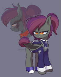 Size: 1449x1833 | Tagged: safe, artist:inkp0ne, oc, oc only, oc:anneal, bat pony, clothes, converse, female, ponytail, scarf, shoes, solo, uniform