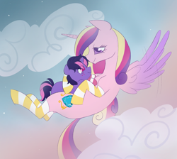 Size: 1372x1227 | Tagged: safe, artist:sparjechkaa, princess cadance, clothes, cloud, commission, cute, female, filly, flying, foal, sky, socks, striped socks, ych result