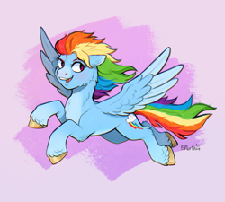 Size: 2055x1853 | Tagged: safe, artist:birdoffnorth, rainbow dash, pegasus, pony, g4, colored hooves, colored wings, countershading, ears back, fluffy, flying, looking back, open mouth, open smile, smiling, solo, spread wings, two toned wings, wings