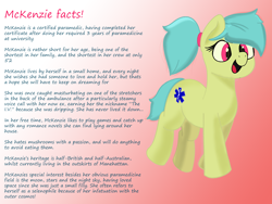 Size: 2000x1500 | Tagged: safe, artist:psychotix, oc, oc only, oc:mckenzie, earth pony, pony, g4, cutie mark, earth pony oc, facts, gradient background, hair tie, jumping, photoshop, reference sheet, simple shading, smiling, solo