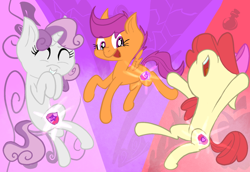 Size: 1280x882 | Tagged: safe, artist:kiwiplur, apple bloom, scootaloo, sweetie belle, earth pony, pegasus, pony, unicorn, crusaders of the lost mark, g4, abstract background, cutie mark crusaders, eyes closed, female, filly, foal, grin, horn, open mouth, smiling