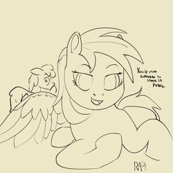 Size: 1999x1999 | Tagged: safe, artist:rapt, cherry berry, rainbow dash, g4, beige background, dialogue, lineart, simple background, sketch, solo
