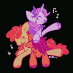 Size: 2048x2048 | Tagged: safe, artist:mira13mura, apple bloom, scootaloo, sweetie belle, earth pony, pegasus, pony, unicorn, g4, black background, cutie mark crusaders, female, filly, foal, horn, music notes, simple background