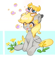 Size: 1253x1323 | Tagged: safe, artist:chonpsk, derpy hooves, pegasus, pony, :o, abstract background, blowing bubbles, bubble, bubbles (powerpuff girls), crossover, female, flower, flower on ear, mare, open mouth, smiling, soap bubble, the powerpuff girls