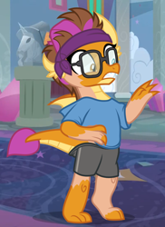 Size: 1050x1445 | Tagged: safe, artist:anonymous, smolder, star swirl the bearded, dragon, human, pony, unicorn, g4, /ptfg/, bandana, clothes, dragoness, female, glasses, heterochromia, horn, human to dragon, mid-transformation, school of friendship, shirt, shorts, show accurate, solo, statue, teenaged dragon, teenager, transformation