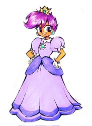 Size: 878x1200 | Tagged: safe, artist:liaaqila, scootaloo, human, equestria girls, g4, clothes, crown, cute, cutealoo, dress, ear piercing, earring, female, gloves, gown, grin, hand on hip, jewelry, piercing, poofy shoulders, princess daisy, princess scootaloo, regalia, smiling, solo, super mario bros.