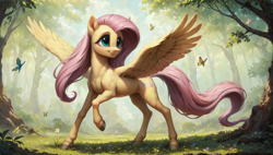 Size: 1920x1088 | Tagged: safe, ai assisted, ai content, generator:autismmix_confetti, generator:stable diffusion, prompter:truekry, fluttershy, butterfly, pegasus, pony, g4, cute, fit, full body, muscles, outdoors, shyabetes, slender, smiling, solo, spread wings, thin, wallpaper, wings