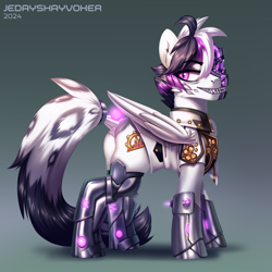 Size: 3000x3000 | Tagged: safe, artist:jedayskayvoker, oc, oc:astral blade, cyborg, cyborg pony, hybrid, pony, amputee, clothes, commission, fangs, folded wings, gold, gradient background, gritted teeth, hybrid oc, lineless, long tail, looking back, male, prosthetic eye, prosthetic leg, prosthetic limb, prosthetics, solo, stallion, suit, tail, teeth, wings