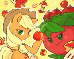 Size: 2199x1761 | Tagged: safe, artist:高纯度灰, applejack, earth pony, pony, abstract background, apple, female, food, looking at you, mare