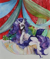 Size: 1817x2160 | Tagged: safe, artist:yanisfucker, rarity, pony, unicorn, bed, blanket, female, horn, lidded eyes, lying down, mare, on side, pen drawing, pipe, solo, traditional art