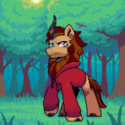 Size: 720x720 | Tagged: safe, artist:hikkage, oc, oc only, oc:pixel cache, kirin, nirik, animated, clothes, cloven hooves, ear piercing, earring, fire, forest, frown, gif, grass, hoodie, horn, jewelry, looking at you, mane, nature, outdoors, piercing, solo, sweater, tail, transformation, tree