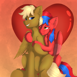 Size: 2609x2600 | Tagged: safe, artist:flapstune, oc, oc only, oc:caramel crunch, oc:ivory flare, chest fluff, colored wings, commission, ear fluff, female, fluffy, heart, heart background, hug, looking at each other, looking at someone, male, mare, signature, sitting, smiling, smiling at each other, spread wings, stallion, two toned mane, two toned wings, wings, ych result