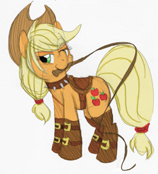 Size: 1263x1383 | Tagged: safe, artist:enigmaticfrustration, applejack, earth pony, pony, g4, applejack's hat, boots, collar, colored, cowboy hat, dominatrix, female, hat, hoof boots, mare, mouth hold, saddle, shoes, solo, spiked collar, tack, whip