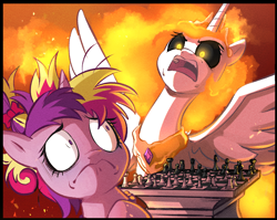 Size: 1500x1195 | Tagged: safe, artist:asura-00, artist:lummh, daybreaker, princess cadance, alicorn, pony, comic:the princess of love, g4, chess, chess piece, collaboration, duo, duo female, female, filly, filly cadance, frown, glowing, glowing eyes, mane of fire, mare, messy mane, spread wings, wings, younger