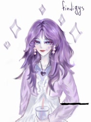 Size: 793x1060 | Tagged: safe, artist:findigys, rarity, human, alternate hairstyle, cardigan, clothes, cup, dress, drink, drinking straw, ear piercing, earring, eyeshadow, face tattoo, female, humanized, jewelry, lipstick, makeup, necklace, piercing, simple background, solo, tattoo, white background