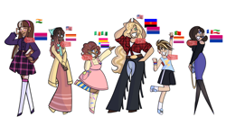 Size: 2948x1536 | Tagged: safe, artist:toybox_coffin, applejack, fluttershy, pinkie pie, rainbow dash, rarity, twilight sparkle, human, g4, alternate hairstyle, applejack's hat, bag, bandana, belt, bisexual pride flag, book, chaps, clothes, converse, cowboy hat, dark skin, denim, dress, ear piercing, earring, eyeshadow, flannel, france, freckles, french, genderfluid, genderfluid pride flag, glasses, grin, hair over one eye, hairband, handbag, hat, high heels, humanized, india, indian, irish, jeans, jewelry, lesbian pride flag, makeup, mane six, mismatched socks, natural hair color, nose piercing, one eye closed, pansexual, pansexual pride flag, pants, piercing, polyamory pride flag, pride, pride flag, shirt, shoes, shorts, simple background, size difference, skirt, smiling, socks, sports bra, sports shorts, stockings, striped socks, thigh highs, vitiligo, wall of tags, white background, wink