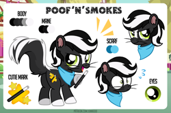 Size: 1200x798 | Tagged: safe, artist:jennieoo, oc, oc only, hybrid, pony, skunk, skunk pony, cutie mark, eye, eyes, fluffy tail, gift art, happy, laughing, looking at you, looking back, magic wand, patreon, patreon reward, reference sheet, shocked, shocked expression, shocked eyes, show accurate, skunk tail, smiling, smiling at you, smug, solo, tail, vector