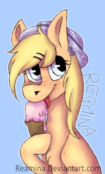 Size: 1272x2112 | Tagged: safe, artist:reamina, oc, oc only, earth pony, pony, female, food, hat, ice cream, licking, mare, solo, tongue out