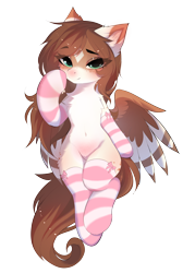 Size: 3210x4772 | Tagged: safe, alternate version, artist:empress-twilight, oc, oc only, oc:mabel, pegasus, pony, belly, belly button, blushing, body pillow, body pillow design, chest fluff, clothes, coat markings, colored eartips, cute, ear fluff, eye clipping through hair, eyebrows, eyebrows visible through hair, facial markings, female, fluffy, freckles, high res, hoof over mouth, looking at you, lying down, mare, socks, solo, spread wings, star (coat marking), striped socks, wings