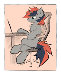 Size: 1745x2160 | Tagged: safe, artist:kejifox, oc, oc only, oc:svetomech, unicorn, armchair, beige background, chair, chest fluff, computer, hoof fluff, horn, horn ring, laptop computer, male, picture, programming, ring, simple background, sitting, sketch, solo, stallion, table