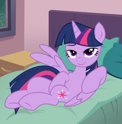 Size: 2374x2410 | Tagged: safe, ai assisted, ai content, artist:shieldwingarmorofgod, twilight sparkle, alicorn, pony, g4, bed, bedroom eyes, draw me like one of your french girls, female, seductive, sexy, smiling, solo, stupid sexy twilight, twilight sparkle (alicorn)