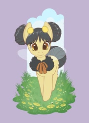 Size: 1490x2048 | Tagged: safe, artist:taytinabelle, oc, oc only, unnamed oc, bee, bee pony, bumblebee, hybrid, original species, pony, cloud, cute, female, flower, grass, hair bun, hybrid oc, insect wings, looking at you, mare, neck bow, pigtails, smiling, solo, unnamed character, unnamed pony, wings
