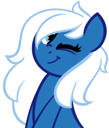 Size: 972x1137 | Tagged: safe, artist:furrgroup, oc, oc only, oc:edge, oc:microsoft edge, pony, ask internet explorer, browser ponies, bust, female, mare, microsoft edge, one eye closed, portrait, simple background, solo, white background, wink