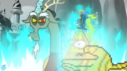 Size: 2048x1152 | Tagged: safe, alternate version, artist:cfandknuckles, discord, g4, alternate ending, bill cipher, canterlot castle, death battle, death battle!: discord vs bill cipher, defeated, exploitable meme, gravity falls, grayscale, meme, monochrome, watermark