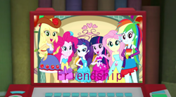 Size: 1202x665 | Tagged: safe, artist:disneyponyfan, artist:user15432, applejack, fluttershy, pinkie pie, rainbow dash, rarity, twilight sparkle, alicorn, human, a photo booth story, equestria girls, g4, my little pony equestria girls: summertime shorts, computer, fall formal outfits, female, humane five, humane six, laptop computer, super why, twilight sparkle (alicorn)