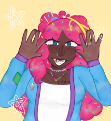 Size: 1091x1187 | Tagged: safe, artist:waterdogpizza, pinkie pie, human, alternate hairstyle, braces, clothes, dark skin, female, gap teeth, grib, grin, humanized, jewelry, necklace, nose piercing, nose ring, piercing, ring, shirt, simple background, smiling, solo, yellow background