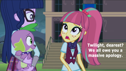 Size: 1333x751 | Tagged: safe, edit, edited screencap, editor:incredibubbleirishguy, screencap, sci-twi, sour sweet, spike, spike the regular dog, twilight sparkle, equestria girls, g4, my little pony equestria girls: friendship games, alternate ending, alternate scenario, apologetic, apology, female, guilty, redeemed, redemption, reformed, sorry