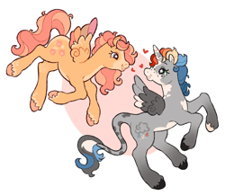 Size: 2048x1775 | Tagged: safe, artist:cocopudu, oc, oc only, oc:drizzle twist, oc:peachy sweets, alicorn, pegasus, pony, g2, alicorn oc, colored wings, commission, duo, female, floating heart, flying, g2 oc, heart, horn, leonine tail, lesbian, looking at each other, looking at someone, mare, multicolored wings, oc x oc, pegasus oc, ponified, ponified oc, rainbow wings, rearing, shipping, simple background, smiling, smiling at each other, starry eyes, style emulation, tail, unshorn fetlocks, white background, wingding eyes, wings