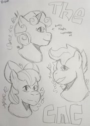 Size: 2048x2868 | Tagged: safe, artist:thedo0zyslider, apple bloom, scootaloo, sweetie belle, earth pony, pegasus, pony, unicorn, g4, bust, cutie mark crusaders, female, filly, foal, horn, portrait, simple background, sketch, traditional art, white background