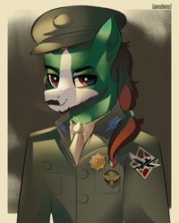 Size: 2400x3000 | Tagged: safe, artist:poxy_boxy, oc, oc only, oc:well geboren, dog pony, earth pony, hybrid, original species, pony, beard, clothes, equestria medal of honor, facial hair, high res, major wings, medals, ponytail, revised, shoulder patch, uniform, war thunder, wingman award