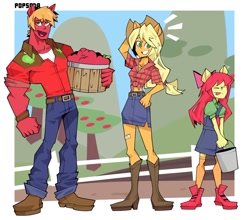 Size: 1080x951 | Tagged: safe, artist:diego_sodapop, apple bloom, applejack, big macintosh, earth pony, anthro, apple, apple siblings, apple sisters, apple tree, boots, brother and sister, bucket, clothes, denim, dress, eyes closed, food, jeans, pants, shoes, siblings, sisters, skirt, tongue out, tree