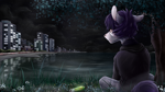 Size: 4000x2250 | Tagged: safe, artist:vepital', oc, oc only, earth pony, pony, city, night, reflection, solo, tree, water