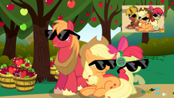 Size: 1920x1080 | Tagged: safe, artist:aidanproject, apple bloom, applejack, big macintosh, earth pony, pony, pony town, apple, apple siblings, apple sisters, apple tree, biting, brother and sister, bucket, female, filly, foal, food, headphones, male, mare, raised hoof, reference used, show accurate, siblings, sisters, smiling, stallion, sunglasses, tongue bite, tree