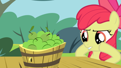 Size: 1920x1080 | Tagged: safe, artist:aidanproject, apple bloom, earth pony, pony, g4, bucket, female, filly, foal, green apple, hooves on cheeks, show accurate, solo, table, tree